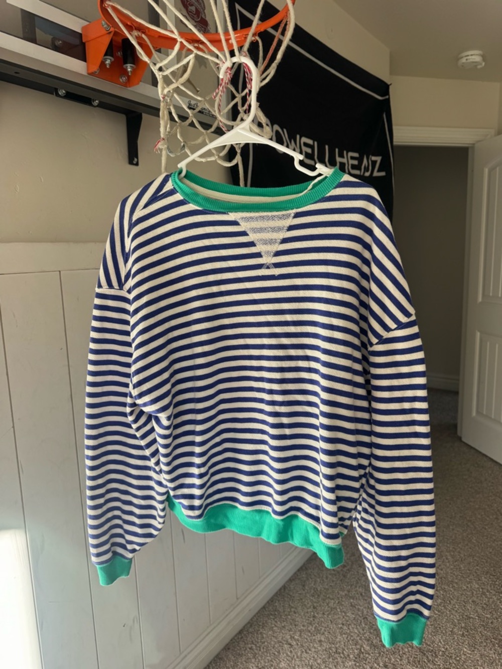 Free People Blue and White Striped Crewneck Sweater with Green Trim